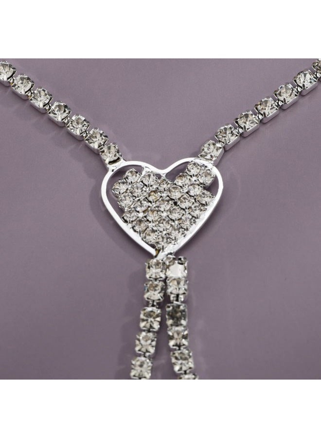 YERTTER Silver Sparkly Full Rhinestone Chain Choker Heart Tassel Necklace Long Love Collar Necklace Statement Choker Necklace for Party Music Bar Women (Silver 2) - Image 4