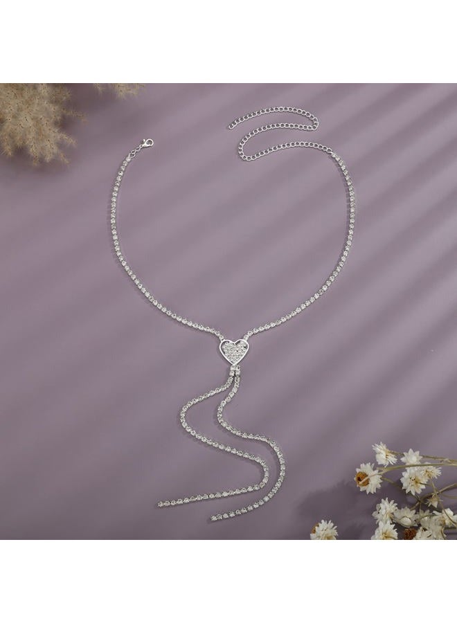 YERTTER Silver Sparkly Full Rhinestone Chain Choker Heart Tassel Necklace Long Love Collar Necklace Statement Choker Necklace for Party Music Bar Women (Silver 2) - Image 3