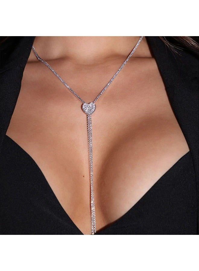YERTTER Silver Sparkly Full Rhinestone Chain Choker Heart Tassel Necklace Long Love Collar Necklace Statement Choker Necklace for Party Music Bar Women (Silver 2) - Image 2