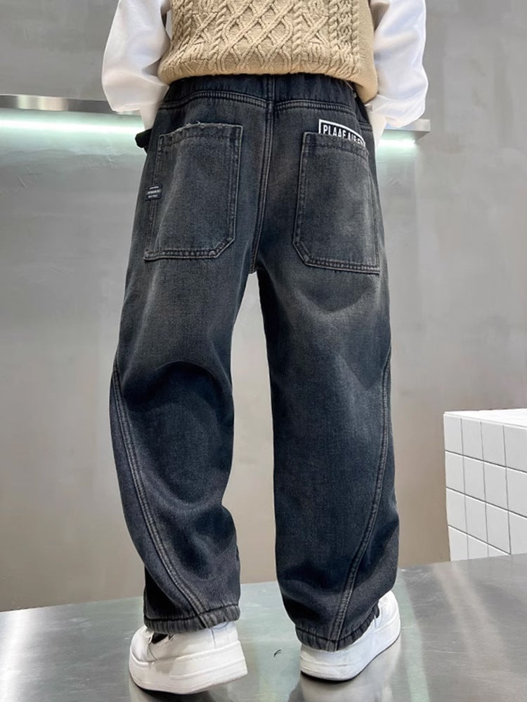 Boys' Jeans, Medium And Large Children'S Loose Straight Pants, Style, Children'S Wide-Leg Pants, Boys' Sports Fleece-Lined Long Pants - Image 5