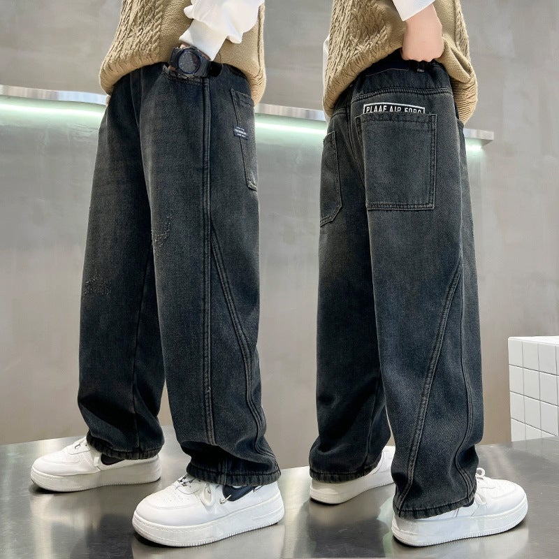 Boys' Jeans, Medium And Large Children'S Loose Straight Pants, Style, Children'S Wide-Leg Pants, Boys' Sports Fleece-Lined Long Pants - Image 1