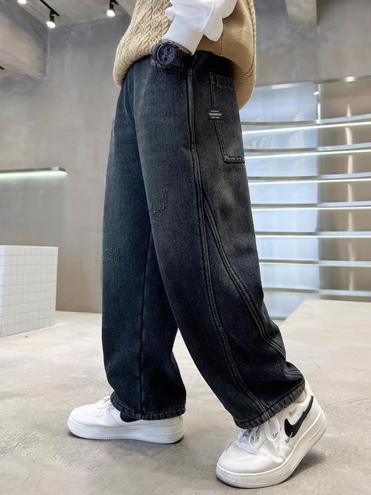 Boys' Jeans, Medium And Large Children'S Loose Straight Pants, Style, Children'S Wide-Leg Pants, Boys' Sports Fleece-Lined Long Pants - Image 3