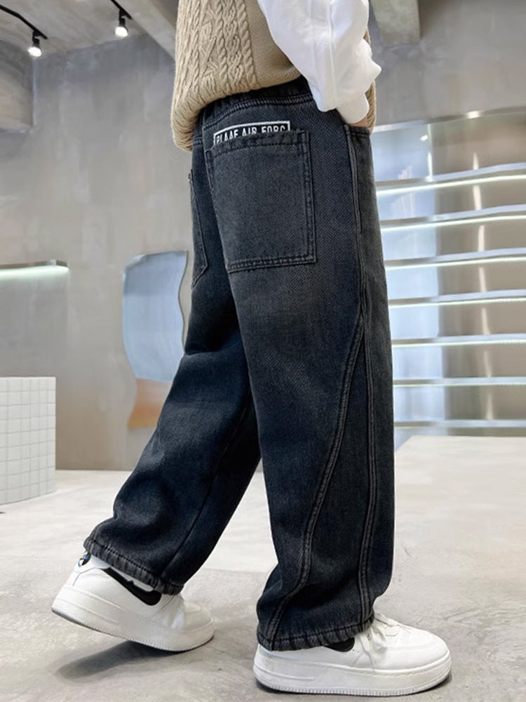Boys' Jeans, Medium And Large Children'S Loose Straight Pants, Style, Children'S Wide-Leg Pants, Boys' Sports Fleece-Lined Long Pants - Image 2
