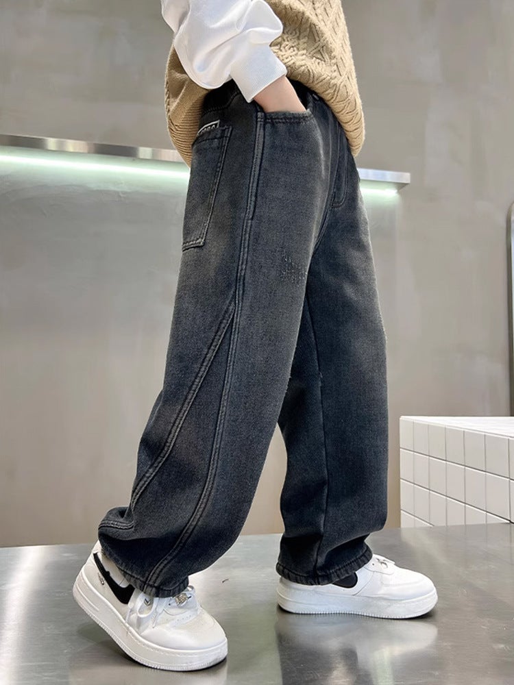 Boys' Jeans, Medium And Large Children'S Loose Straight Pants, Style, Children'S Wide-Leg Pants, Boys' Sports Fleece-Lined Long Pants - Image 4