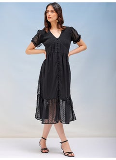 Freehand Women Casual Fit And Flare Textured Cut & Sew V-Neck Long Length Tiered Dress 