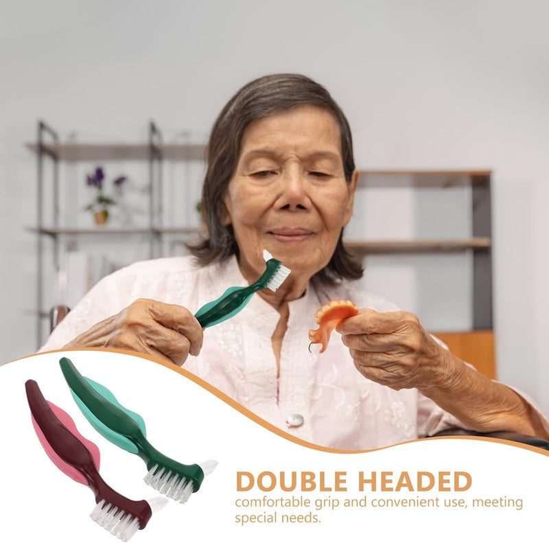 VILLCASE 2pcs Dual-Head Dentures Brush with Hard Bristles, False Teeth Cleaning Tool for Elderly, Dental Appliance Care Brush for Effective Denture Hygiene and Oral Cleaning - Image 3