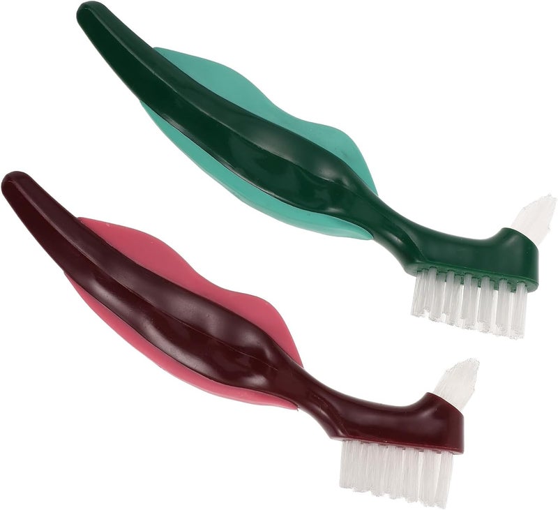 VILLCASE 2pcs Dual-Head Dentures Brush with Hard Bristles, False Teeth Cleaning Tool for Elderly, Dental Appliance Care Brush for Effective Denture Hygiene and Oral Cleaning - Image 1