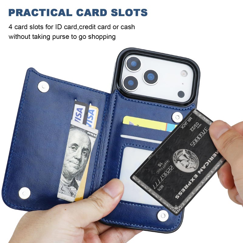 OT ONETOP ONETOP Compatible with iPhone 17 Pro Max Wallet Case with Card Holder, PU Leather Kickstand Card Slots Case, Double Magnetic Clasp and Durable Shockproof Cover 6.9 Inch (Blue) - Image 4