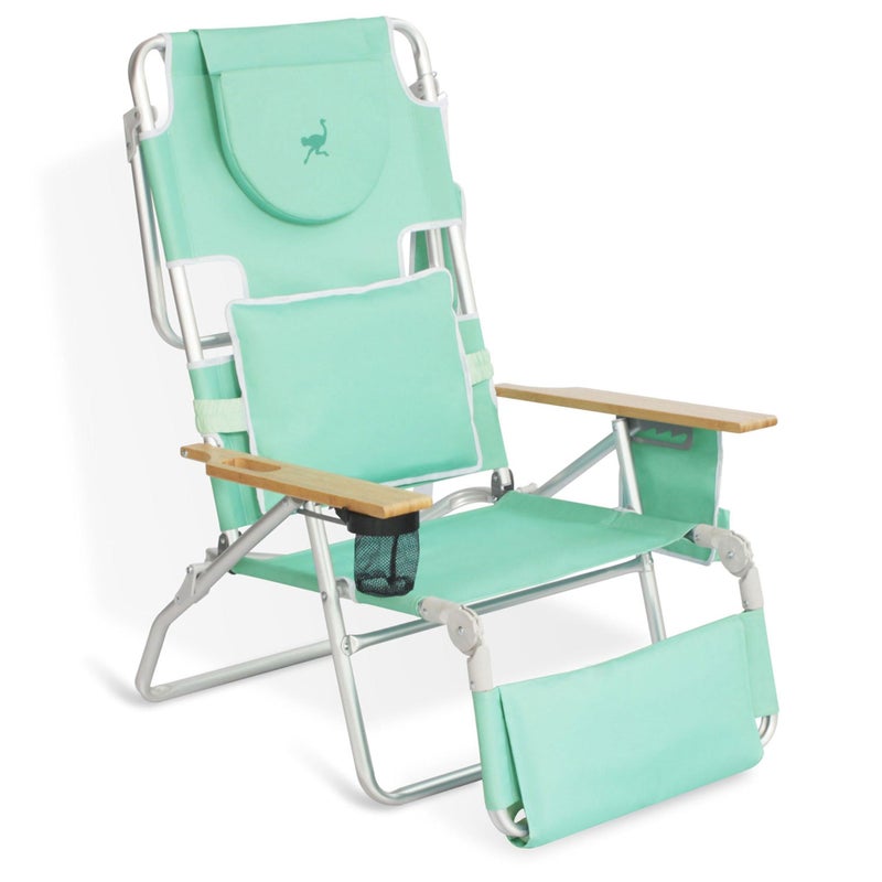 Ostrich Deluxe 3N1 Padded Beach Chair w Face Cushion  Arm Holes Teal  Lightweight Folding Recliner w Adjustable Backrest  Footrest Cup Holder Side Utility Bag 275 lb Weight Capacity