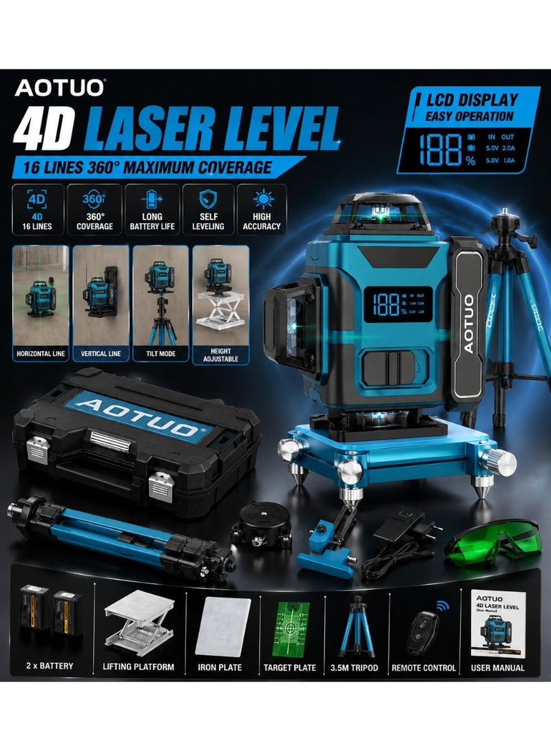 AOTUO 3D Laser Level 16 Lines Green Beam, Self-Leveling Cross Line Laser with Tripod, 360° Rotary Base, Remote Control, Rechargeable Battery, Complete Kit laser level, 3D laser level, green beam laser, self leveling laser, construction tools, tripod laser level, tile alignment tool - Image 1