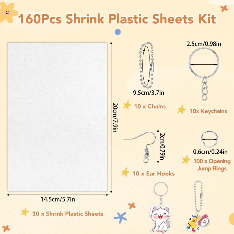 Prudiut 155 Pcs Shrink Plastic Sheets Kit, Including 25Pcs Shrinky Art Paper 7.9x5.7in, Chains Keychains Ear Hooks Opeaning Jump Rings DIY Crafts Keychain Making Kit Easter Basket Stuffers for Adults Aged 14+ - Image 2