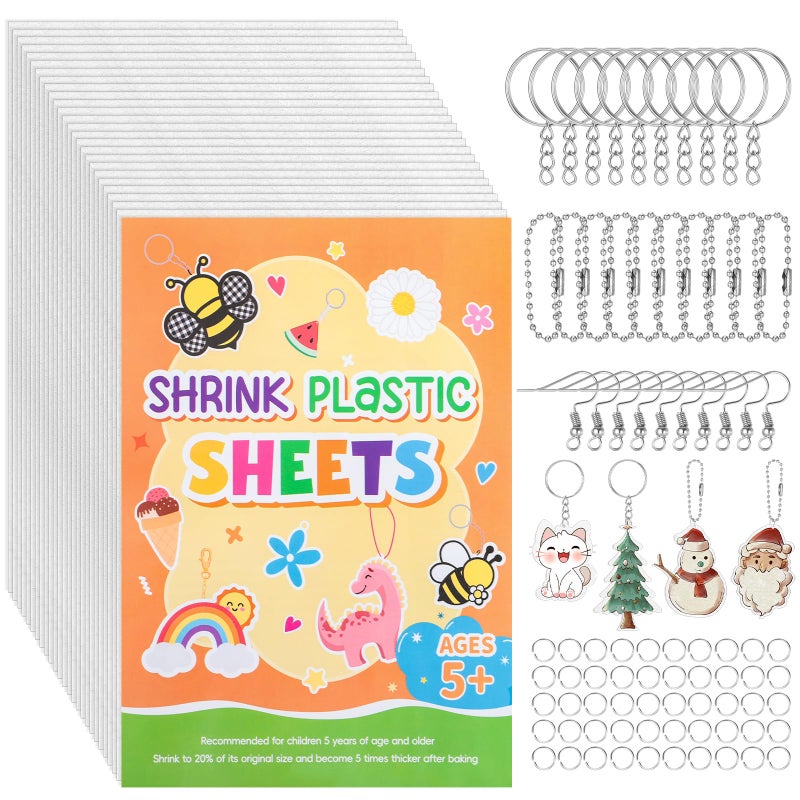 Prudiut 155 Pcs Shrink Plastic Sheets Kit, Including 25Pcs Shrinky Art Paper 7.9x5.7in, Chains Keychains Ear Hooks Opeaning Jump Rings DIY Crafts Keychain Making Kit Easter Basket Stuffers for Adults Aged 14+ - Image 1