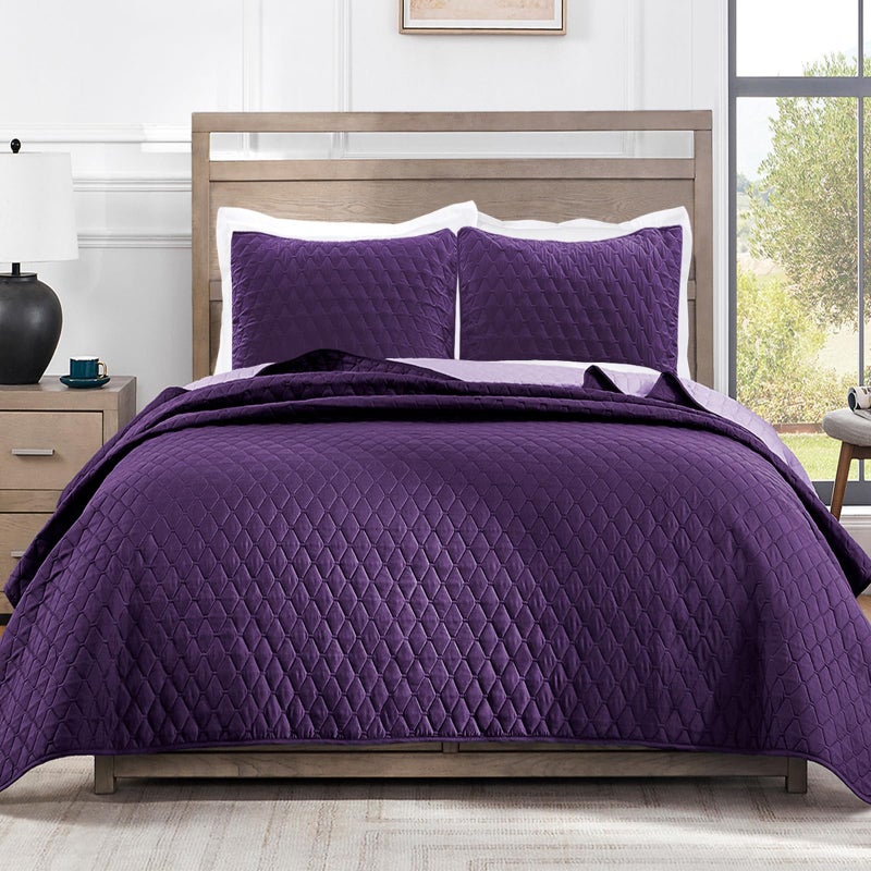 Exclusivo Mezcla Reversible Full Queen Quilt Bedding Set with Pillow Shams Lightweight Quilts Queen Size Soft Bedspreads Bed Coverlets for All Seasons  Deep Purple 90x96