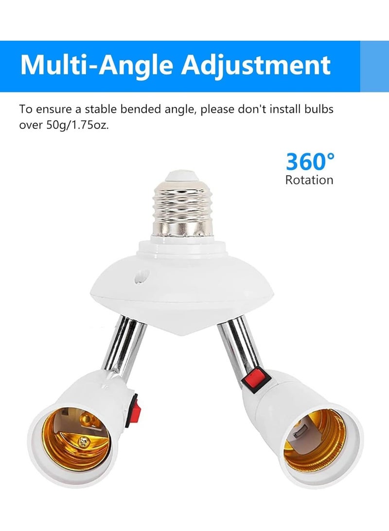 ممدد مقبس ضوء 2 في 1، محول مقبس تمديد لمبة قابل للتعديل E26/E27، مقسم مقابس ضوء دوّار 360° و قابل للثني 180° مع مفتاح، حامل لمبة متوافق مع الهالوجين، LED، CFL والمصابيح الحركية. - Image 3