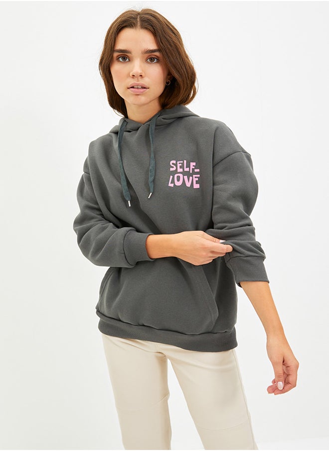 trendyol - Anthracite Back with Print Detail Oversized/Wide Fit, Fleece Inside Knitted Sweatshirt TWOAW22SW0687. - Image 1