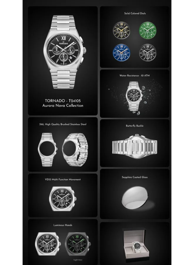 TORNADO Men's Multi Function Display Watch With Silver Stainless Steel Strap - T24105-TBSB
