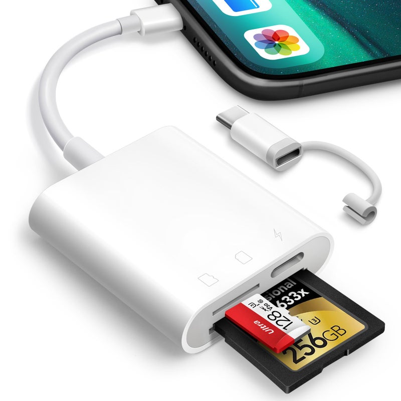 Oyuiasle قارئ بطاقة SD لجهاز iPhone و iPad، كاميرا رقمية Oyuiasle مع قارئ بطاقة SD بفتحتين لبطاقات MicroSD/SD، محول بطاقة ذاكرة بموصل مزدوج Lightening و USBC للتصوير الفوتوغرافي، توصيل وتشغيل - Image 1