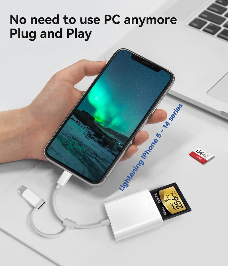 Oyuiasle قارئ بطاقة SD لجهاز iPhone و iPad، كاميرا رقمية Oyuiasle مع قارئ بطاقة SD بفتحتين لبطاقات MicroSD/SD، محول بطاقة ذاكرة بموصل مزدوج Lightening و USBC للتصوير الفوتوغرافي، توصيل وتشغيل - Image 3