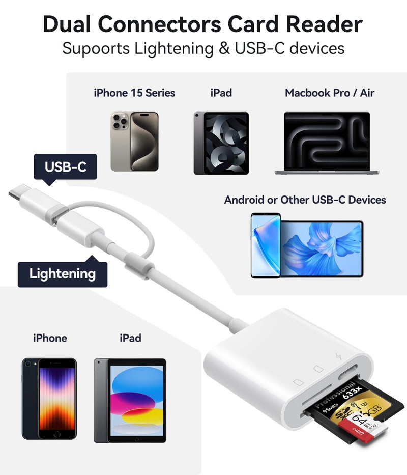 Oyuiasle قارئ بطاقة SD لجهاز iPhone و iPad، كاميرا رقمية Oyuiasle مع قارئ بطاقة SD بفتحتين لبطاقات MicroSD/SD، محول بطاقة ذاكرة بموصل مزدوج Lightening و USBC للتصوير الفوتوغرافي، توصيل وتشغيل - Image 2