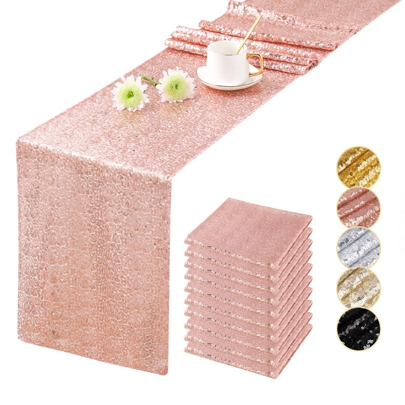 OQSC Rose Gold Table Runners 10 Pcs Table Decorations for Party Tablecloth Sequin Party Supplies Christmas Glitter Wedding