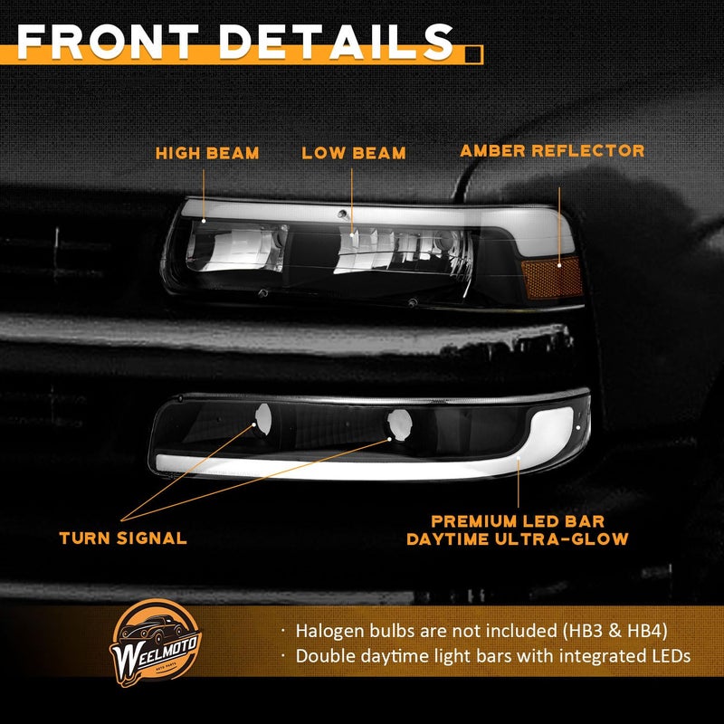 WEELMOTO Headlights Assembly for 99-02 Chevy Silverado 1500 2500; for 01-02 Silverado 1500HD 2500HD 3500HD; for 00-06 Tahoe Suburban 1500 2500; with Daytime Bar Tube+Parking Turn Signal Light - Image 5