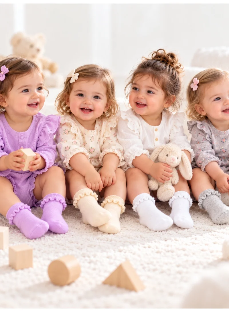 Al Ibrah Baby Girl Ruffle Cuff Ankle Socks 4 Pack - Soft Cotton Frill Roll-Top for Newborn & Infant