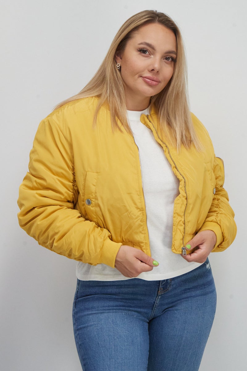 Cropp Women Solid Bomber Jackets, Mustard  - Image 1