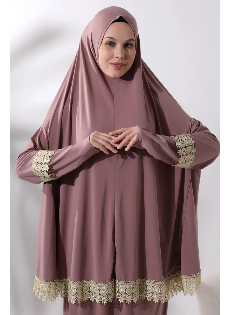 İhvan Online Ihvan Online Two Piece Practical Top and Bottom Prayer Dress with Scallop 8018 Dusty Rose