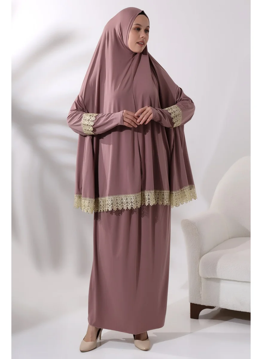 İhvan Online Ihvan Online Two Piece Practical Top and Bottom Prayer Dress with Scallop 8018 Dusty Rose