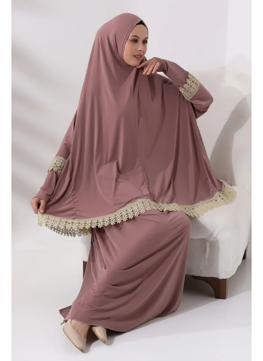İhvan Online Ihvan Online Two Piece Practical Top and Bottom Prayer Dress with Scallop 8018 Dusty Rose