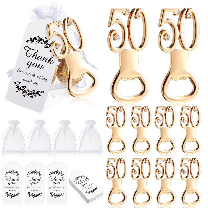 50 Pieces Golden Bottle Opener Set Birthday Party Favor Opener with White Sheer Organza Bags Thank You Tags Birthday Wedding Anniversaries Souvenirs Favors Decorations for Guests50th