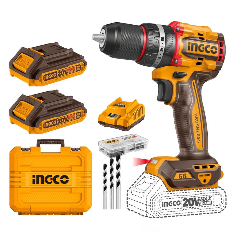 INGCO INGCO Cordless Impact Drill Machine Brushless Motor 66Nm 2211 30000 bpm With 2 pcs Battery Charger 47 Pcs Drill Bits - Image 1