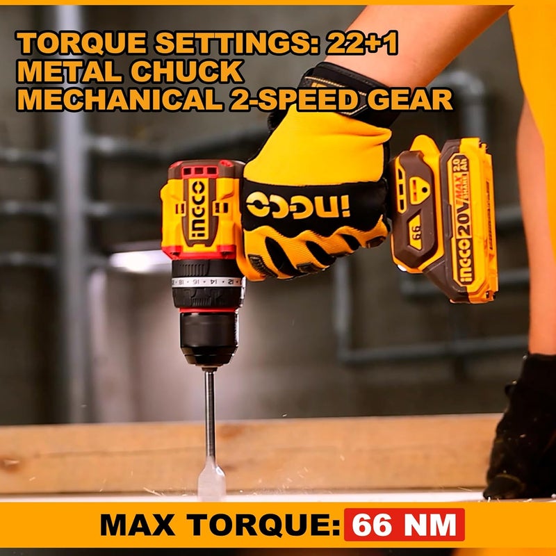 INGCO INGCO Cordless Impact Drill Machine Brushless Motor 66Nm 2211 30000 bpm With 2 pcs Battery Charger 47 Pcs Drill Bits - Image 3