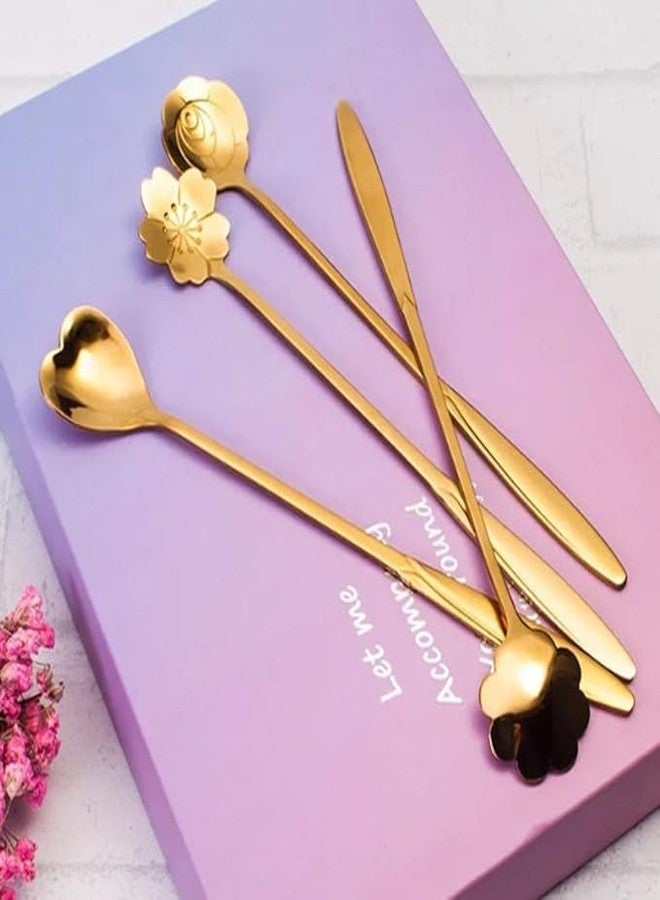 Onward Golden Spoon Set/Coffee Spoon/Dessert Spoons/Cutlery Kitchen Tableware/Stainless Steel Gold Different Shape Coffee Spoons, Set of 4 Pcs, 24 Cm (Gold) - Image 4