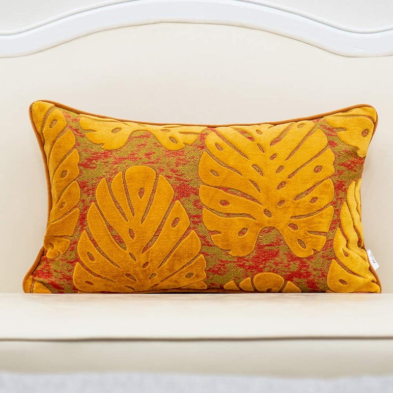 Alerfa 12 x 20 Inch Rectangle Leaf Pillow Embroidery Cut Velvet Cushion Case Luxury Modern Lumbar Throw Pillow Cover Decorative Pillow for Couch Sofa Living Room Bedroom Car Orange