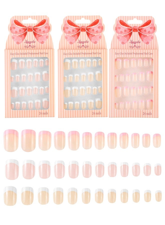 Kawyehu Kids Press on Nails Children Fake Nails 72PCS Artificial Nail Tips Adhesive Full Cover Short False Fingernails for Girls Kids Nail Decoration (French) - Image 1