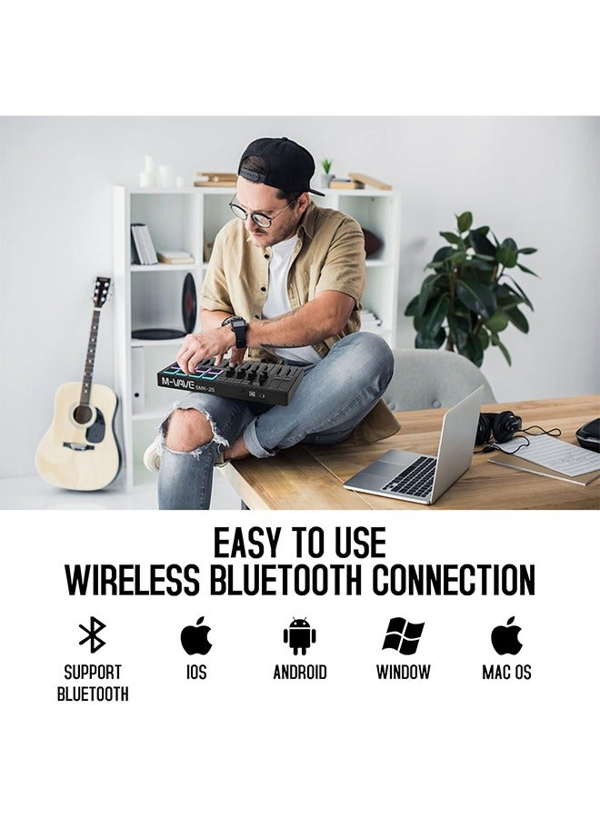 ام- فيفي مفتاح تحكم USB MIDI 25 مفاتيح M-WAVE مع 8 وسادات درام مضاءة، بلوتوث، لوحة مفاتيح ديناميكية شبه مثقلة احترافية، 8 مفاتيح دوارة وتضمين برامج إنتاج موسيقية (أسود) - Image 4
