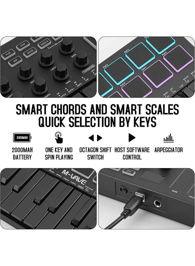 ام- فيفي مفتاح تحكم USB MIDI 25 مفاتيح M-WAVE مع 8 وسادات درام مضاءة، بلوتوث، لوحة مفاتيح ديناميكية شبه مثقلة احترافية، 8 مفاتيح دوارة وتضمين برامج إنتاج موسيقية (أسود) - Image 2