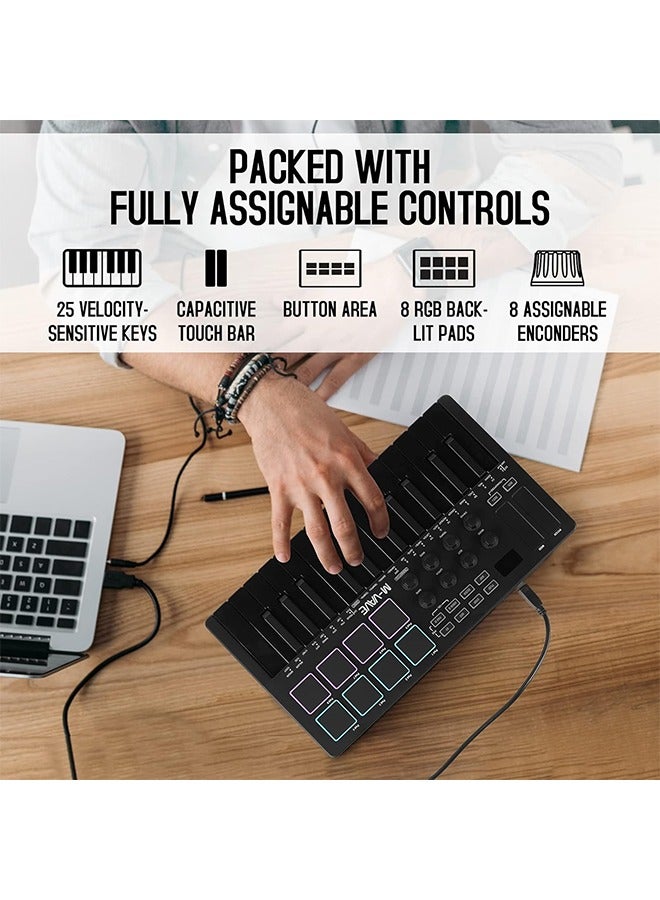 ام- فيفي مفتاح تحكم USB MIDI 25 مفاتيح M-WAVE مع 8 وسادات درام مضاءة، بلوتوث، لوحة مفاتيح ديناميكية شبه مثقلة احترافية، 8 مفاتيح دوارة وتضمين برامج إنتاج موسيقية (أسود) - Image 5