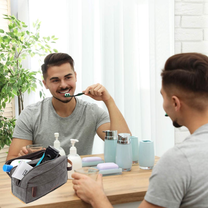 Mactso Mens Travel Toiletry Bag Canvas Leather Cosmetic Makeup Organizer Shaving Dopp Kits With Double Compartments (Gray) - Image 4