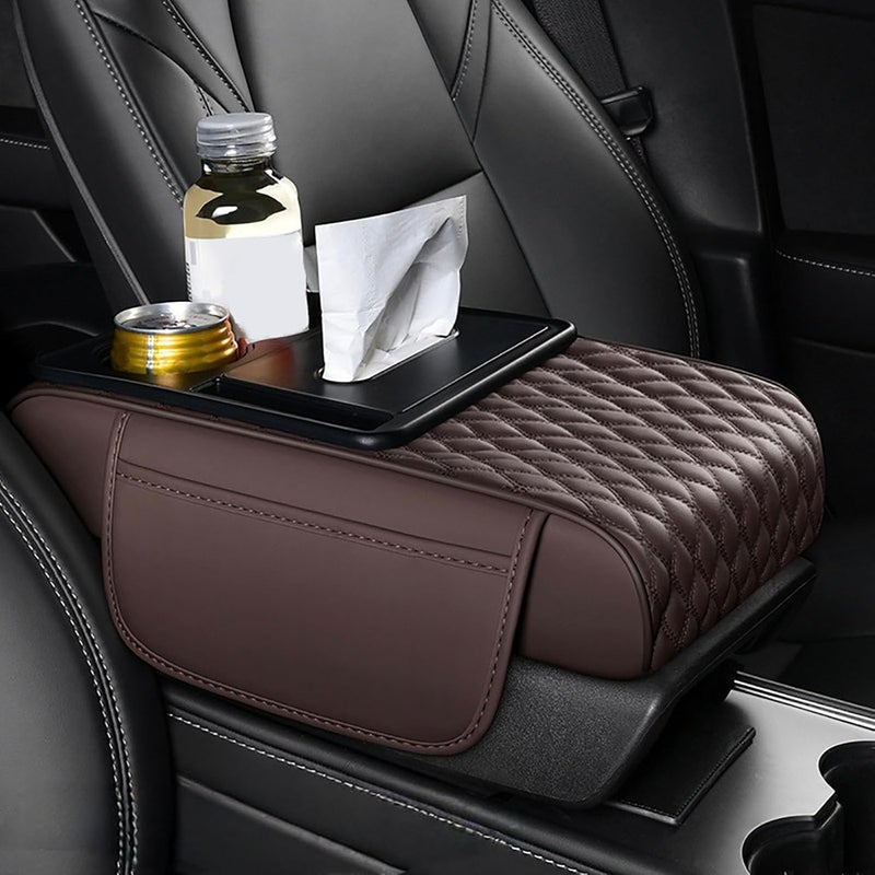 LINGYUE Car Armrest Cushion for Volvo EX30 EX90 S40 S60 S70 S80 S90,Thicken Height Pad Arm Rest Cushion with Pocket Tissue Cup Holder Memory Cotton,Brown - Image 1