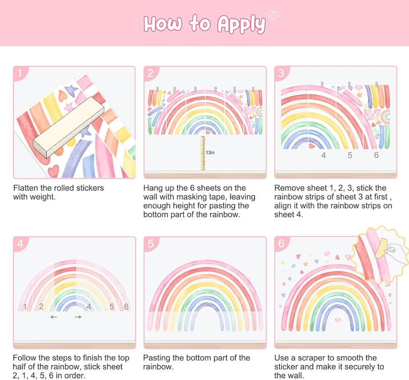 Supzone 77 × 47 ملصقات جدارية قوس قزح كبيرة للفتيات في حضانة قابلة للإزالة واللصق قلوب ونجوم قوس قزح مائية فن جدارية من الفينيل لغرف الأطفال والرضع وغرف اللعب والفصول الدراسية - Image 4