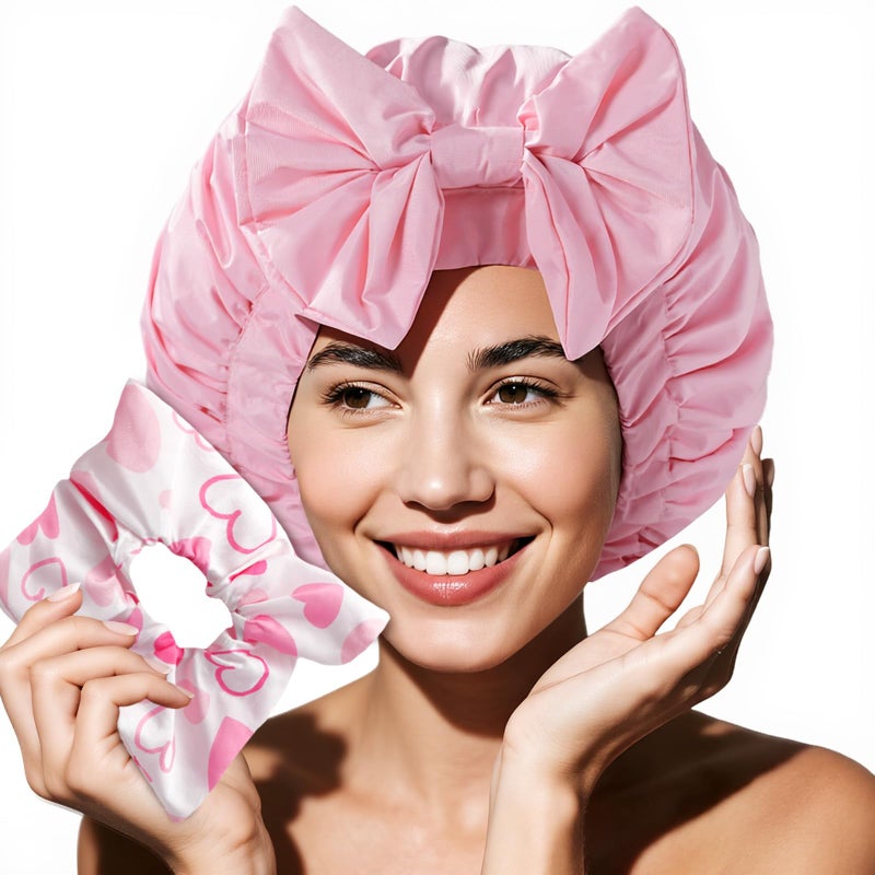 Years Calm Luxury Shower Cap For Women Reusable Waterproof, Detachable Bowknot & Satin Lined, Flexi and Washable Bath Cap for Long Hair/Braids Fit Spa, Travel, Shower - Image 1