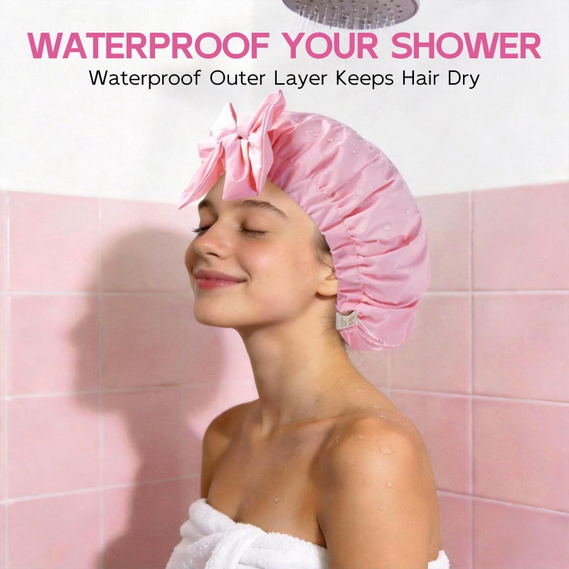 Years Calm Luxury Shower Cap For Women Reusable Waterproof, Detachable Bowknot & Satin Lined, Flexi and Washable Bath Cap for Long Hair/Braids Fit Spa, Travel, Shower - Image 4