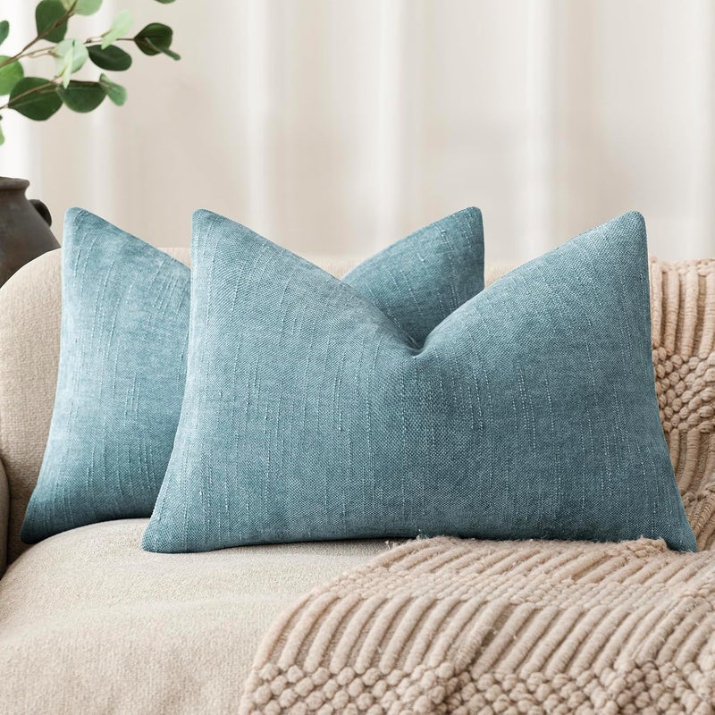 Foindtower Pack of 2 Soft Textured Chenille Throw Decorative Pillow Covers Square Accent Solid Cushion Cover Neutral Lumbar Pillow Case for Couch Sofa Bedroom Living Room 12x20 Inch,Light Blue - Image 1