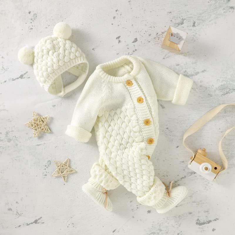 LAWKUL Baby Romper Knit Newborn Infant Outfit Long Sleeve Sweater Clothes With Warm Hat Set Jumpsuit Toddler Boy Girls 0-3M White - Image 4