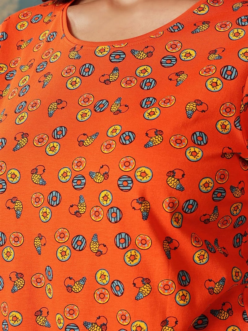 Clovia Women's Cotton Printed T-shirt & Pyjama Set (LS0039P16_Orange_M) - Image 4