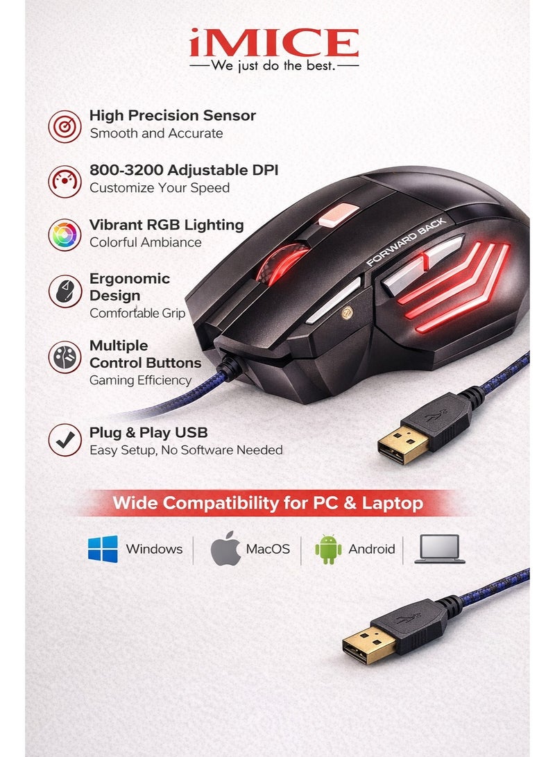 iMICE X7 Sports Gaming Mouse Wired – High Precision Optical Sensor, Ergonomic Design, LED Lighting, USB Gaming Mouse for PC & Laptop - Image 3