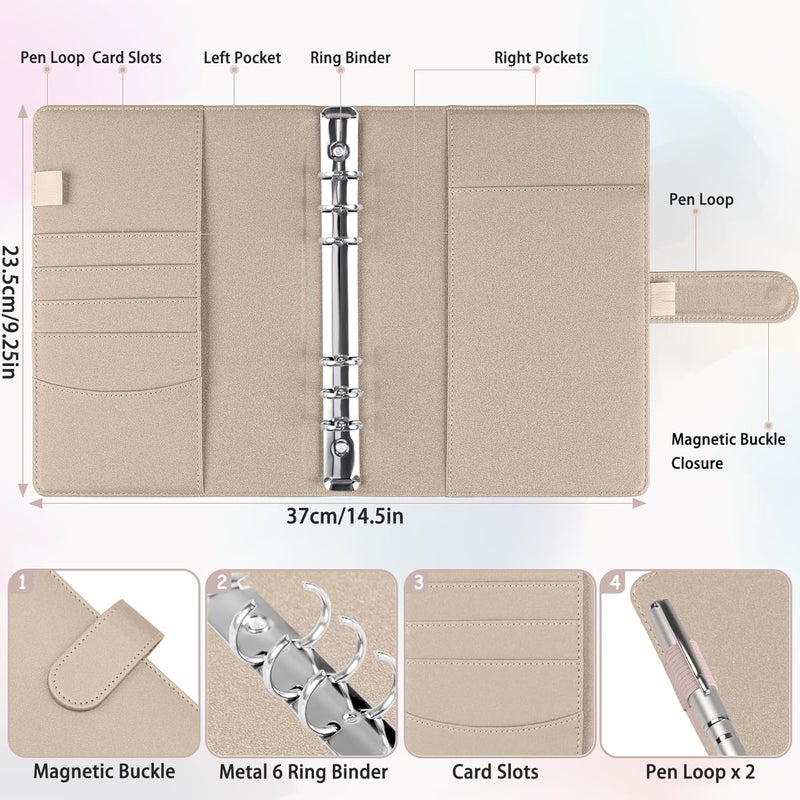 Antner A5 Binder 6 Ring Refillable Notebook Budget Planner Cover for Cash Organizer, PU Leather Loose Leaf Kpop Photocard Holder Small Binder for A5 Planner Inserts with Magnetic Buckle, Glitter Gold - Image 3
