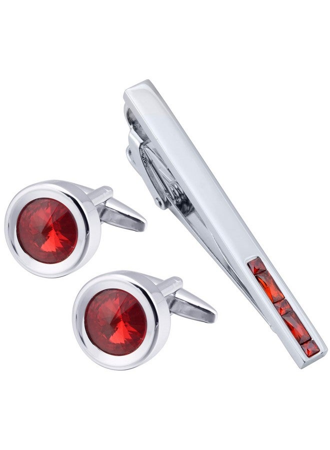 Jonwo Round Diamond Cutting Crystal Men Cufflinks And Tie Clip Set Regular Necktie Tie Pin Cuff Links For Wedding Business Shirt Tie (Red Crystal Tie Clip Cufflinks Set) - Image 1